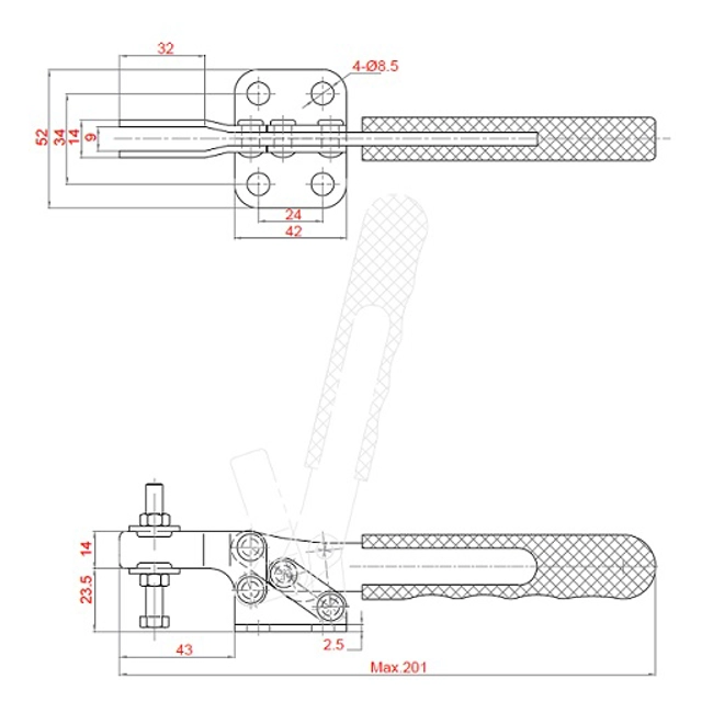 Vendita online Bloccaggio orizzontale base piatta braccio aperto 250 Kg. INOX